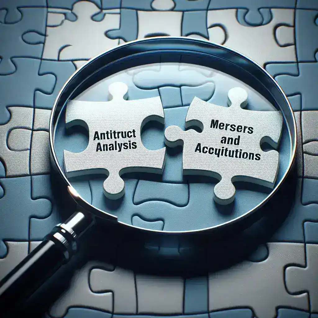 "Imagem ilustrativa destacando a relação entre análises antitruste e fusões e aquisições, com gráficos e dados financeiros, simbolizando o impacto regulatório nas transações empresariais."